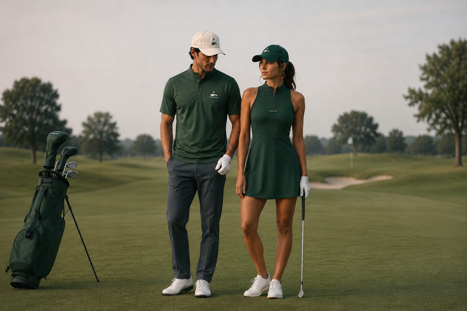 GRNSD GLF golfers on the fairway in forest green apparel